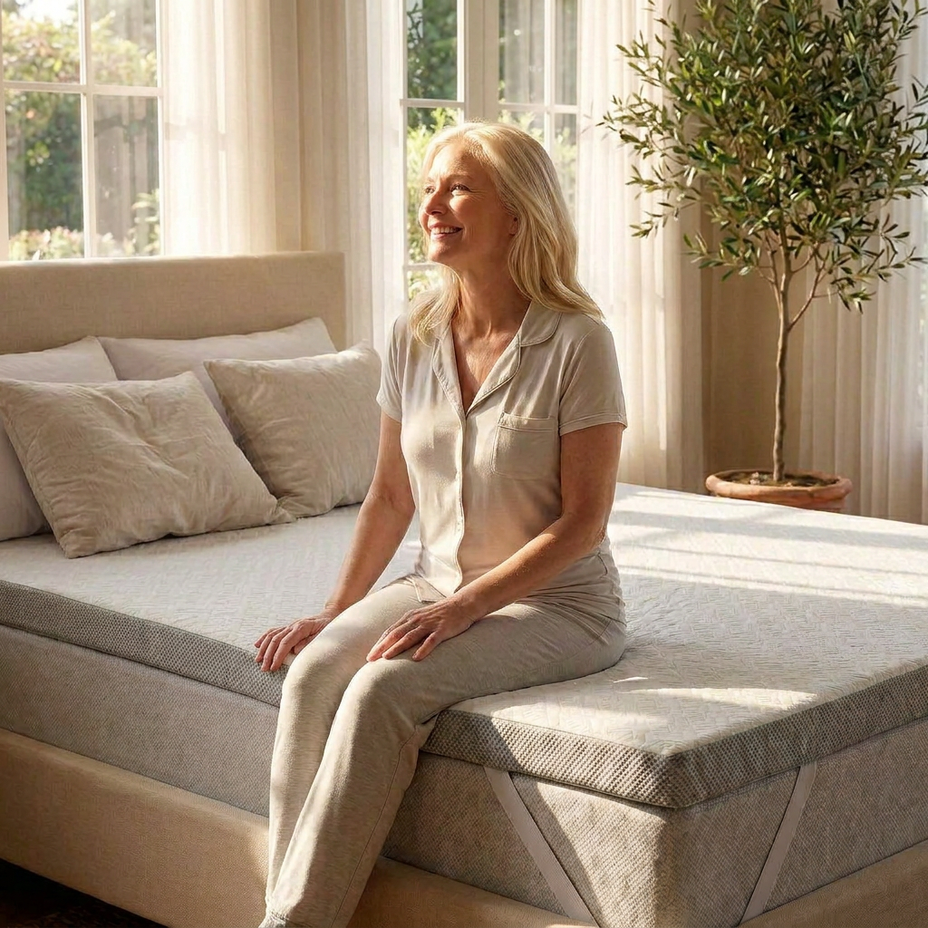Close-up of a woman sitting on the edge of the bed with the topper