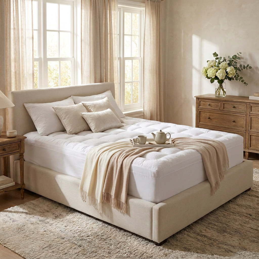 Premium bedroom with the Hushfold topper — natural morning light