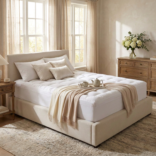 Premium bedroom with the Hushfold topper — natural morning light