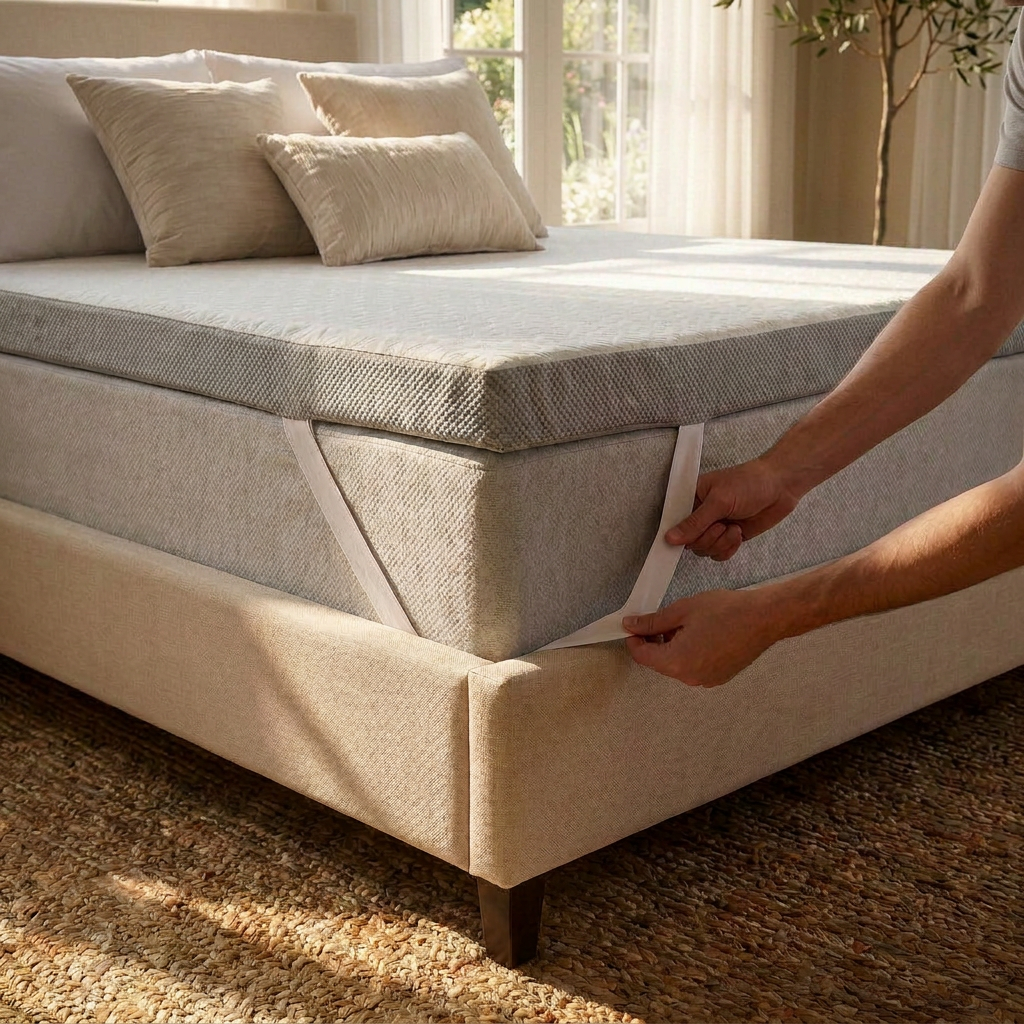 Close-up of the mattress topper edge profile on the bed